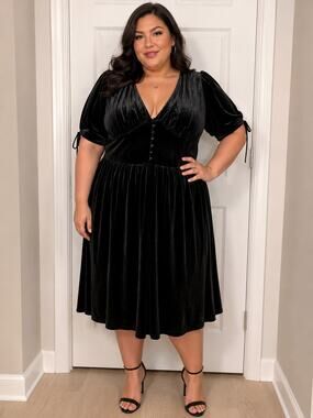 NWT Lauren Ralph Lauren Black Velvet Puff-Sleeve Dress 2X Plus Size $245